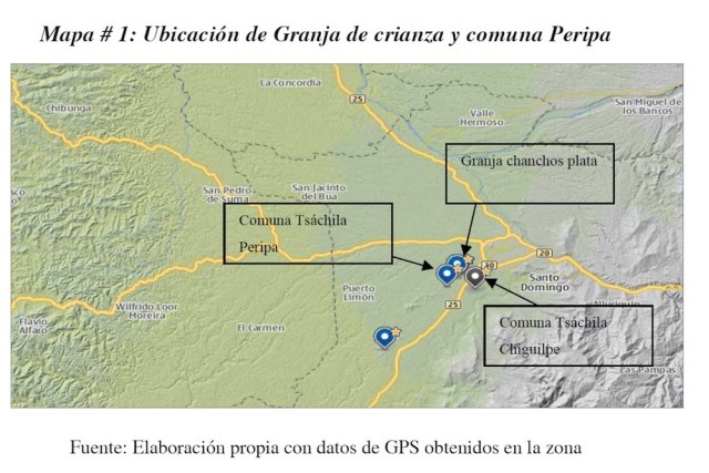 Xavier León (2012). Impactos económicos y sociales de la agroindustria de las aves y cerdos en las poblaciones rurales de Santo Domingo de los Tsáchilas. Datos obtenidos con GPS.