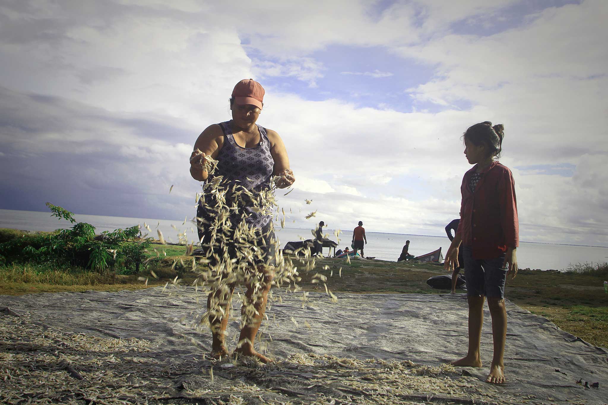 Zoila de la Cruz descarga el producto pescado, ya salado, y lo extiende sobre un trozo de plástico negro para secarlo al sol y luego ponerlo a la venta. Foto: Jorge Rodríguez