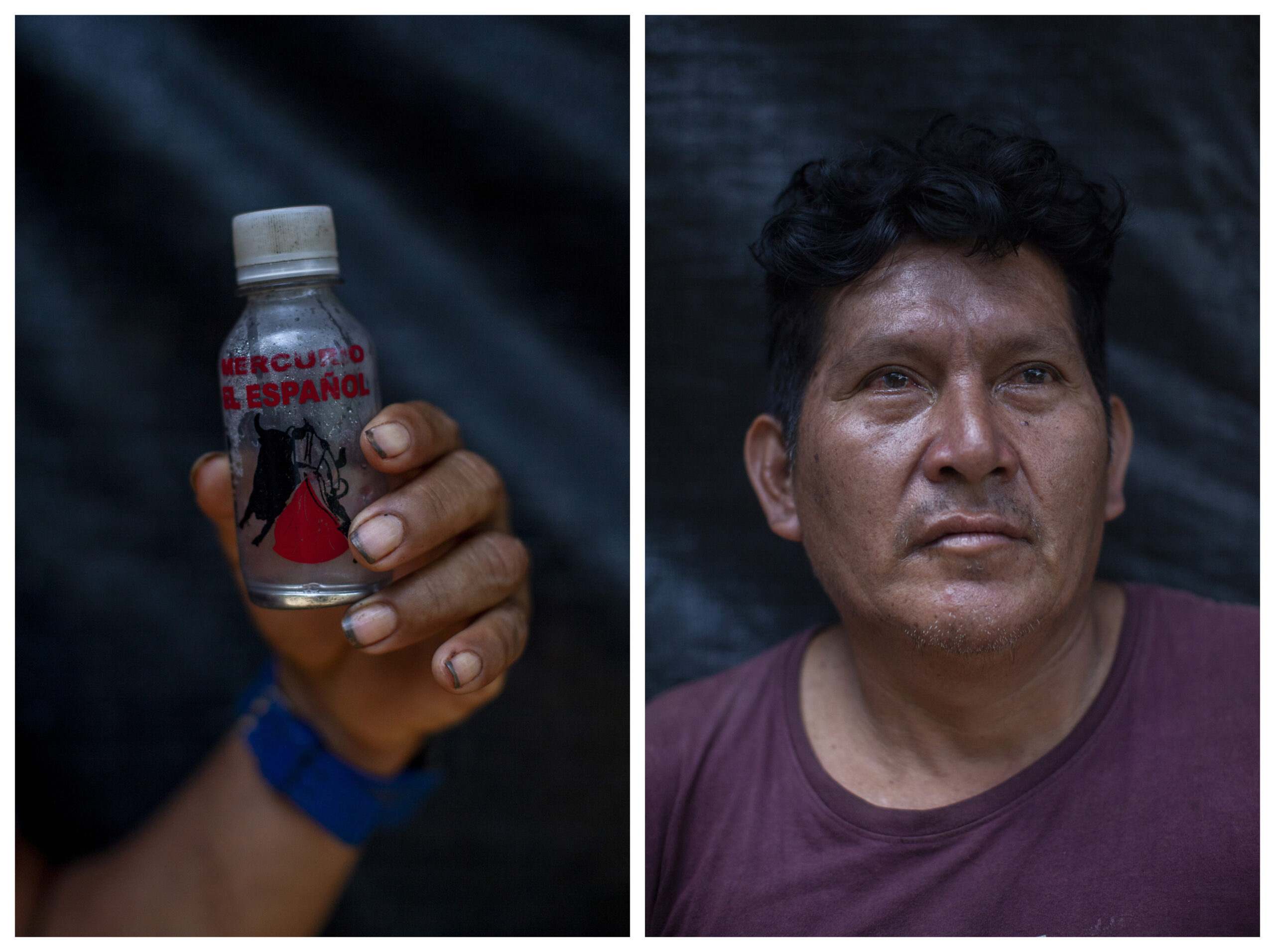 Ruben Timelensuki muestra una botella con mercurio para amalgamar oro, en Puerto Luz, Madre de Dios, Perú. Fotos: Alejandro Saldívar