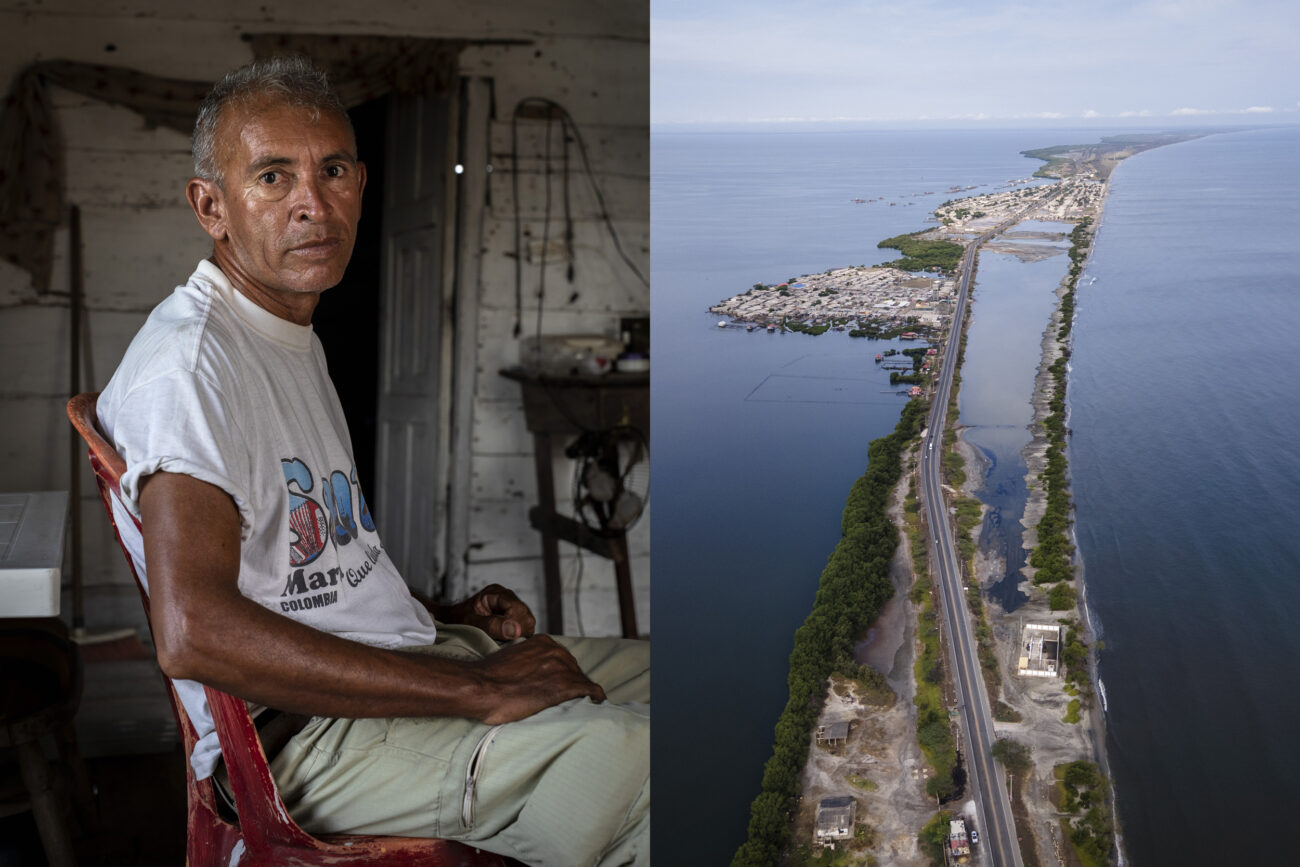 Izquierda: Jesús Suárez, autor del blog Cienagamachete, que gira entorno a la cultura palafítica. Derecha: vía Ciénaga – Barranquilla. Su construcción en 1956 ocasionó un irreversible daño ambiental al ecosistema de manglares. Foto: Pau Coll / Ruido Photo