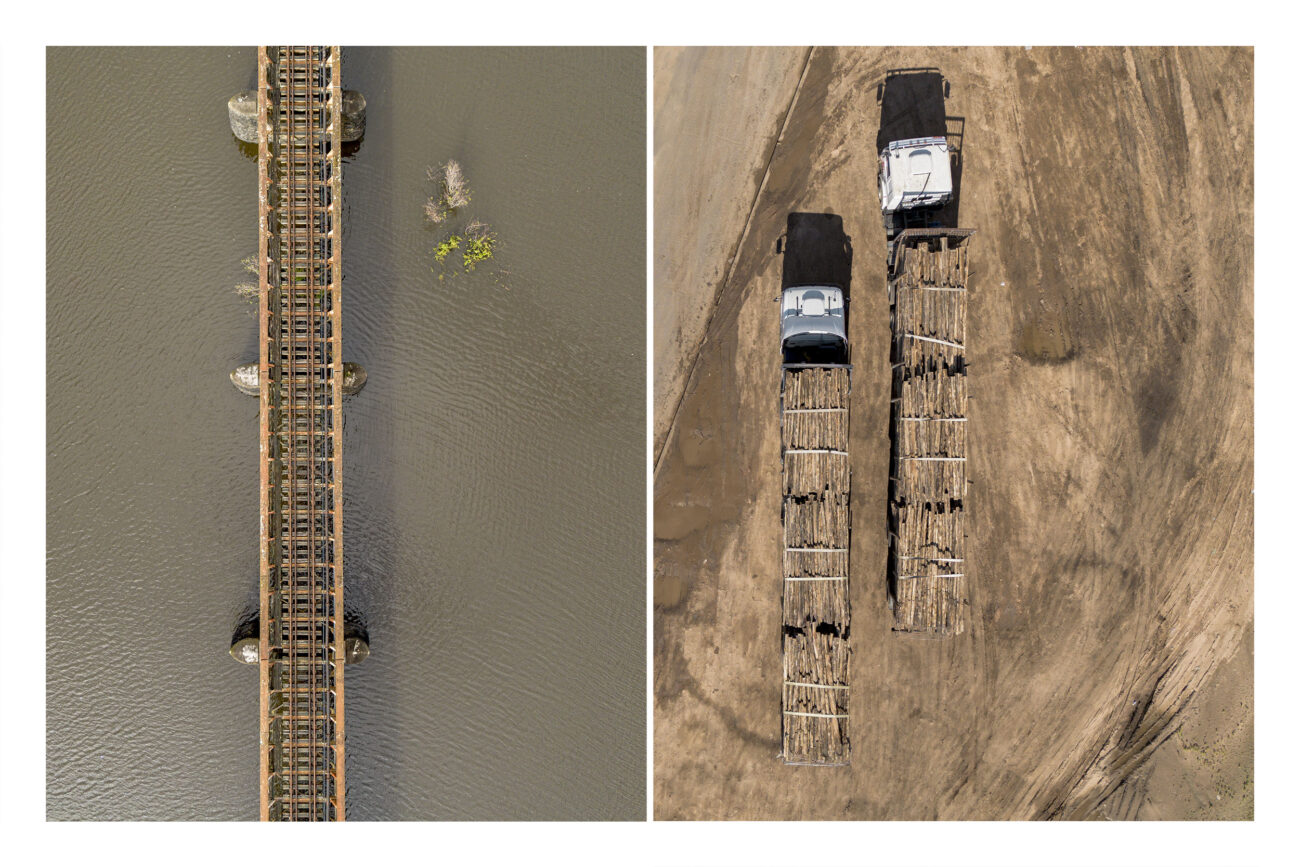 Izquierda: Vista aérea de la línea ferroviaria que usa UPM para el transporte de celulosa desde la planta de Paso de los Toros hasta la ciudad de Montevideo. Paso de los Toros, Tacuarembó, Uruguay. Derecha: Vista aérea de camiones con madera argentina lista para cruzar el puente internacional general San Martín hacia la planta de UPM Fray Bentos. Paso libertador San Martín, Entre Ríos, Argentina. Fotos: Dahian Cifuentes