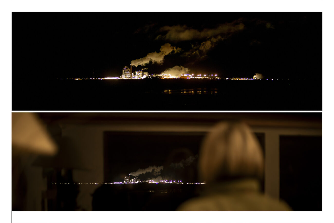 Arriba: Vista nocturna de la planta UPM Paso de los Toros. Abajo: Cada vez que Grace González corre la persiana de la sala de su casa, a orillas del río Negro, se encuentra con una fábrica del gigante finlandés. Fotos: Dahian Cifuentes