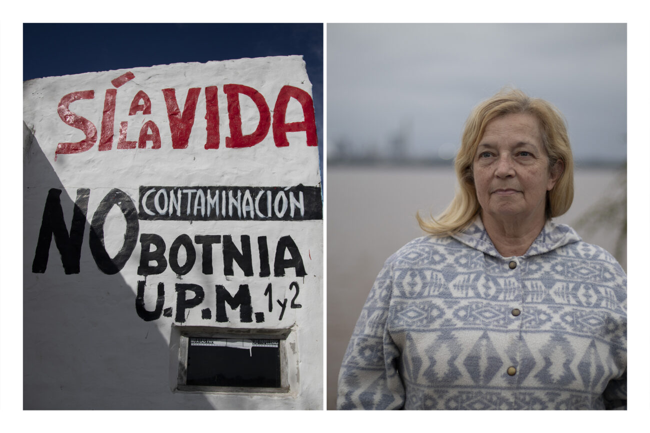 Izquierda: Pintadas en contra de las plantas de celulosa cerca a la frontera con Uruguay, Gualeguaychú, Entre Ríos, Argentina. Derecha: María Forte lleva años abanderando la conciencia ambiental de su ciudad: “Es lamentable que las decisiones del Estado uruguayo hayan sido entregar el país y sus riquezas a los poderes internacionales” afirma. Fray Bentos, Río Negro, Uruguay. Fotos: Dahian Cifuentes