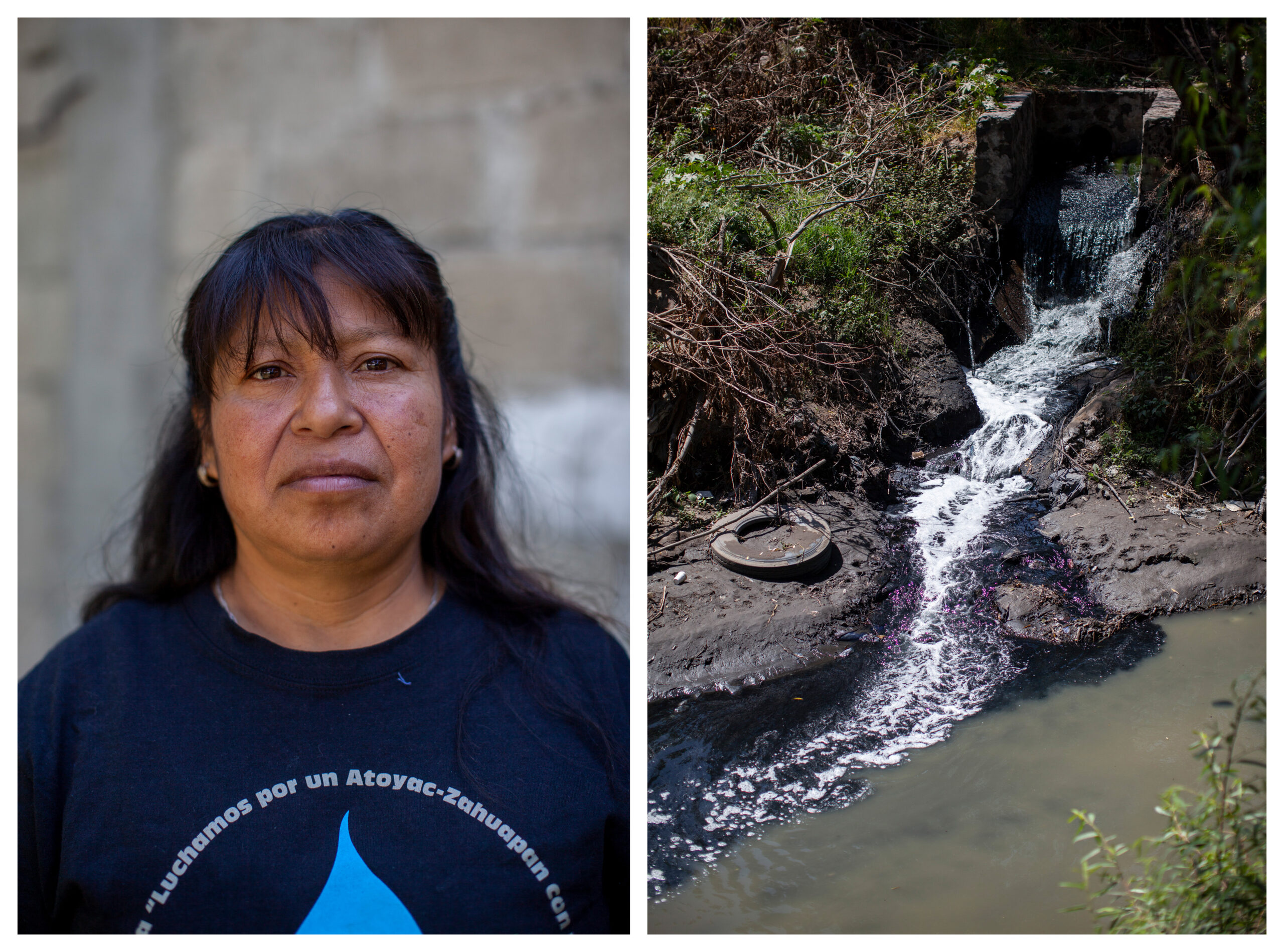 Izquierda: Alejandra Ramírez Varela, defensora medioambiental, integrante de la Coordinadora por un Atoyac con Vida (CAV). Derecha: El drenaje del corredor industrial Tlaxcala-Puebla, en el cauce del Atoyac. Al igual que en otras zonas, el río presenta brillos rosados. Fotos: Alejandro Saldívar